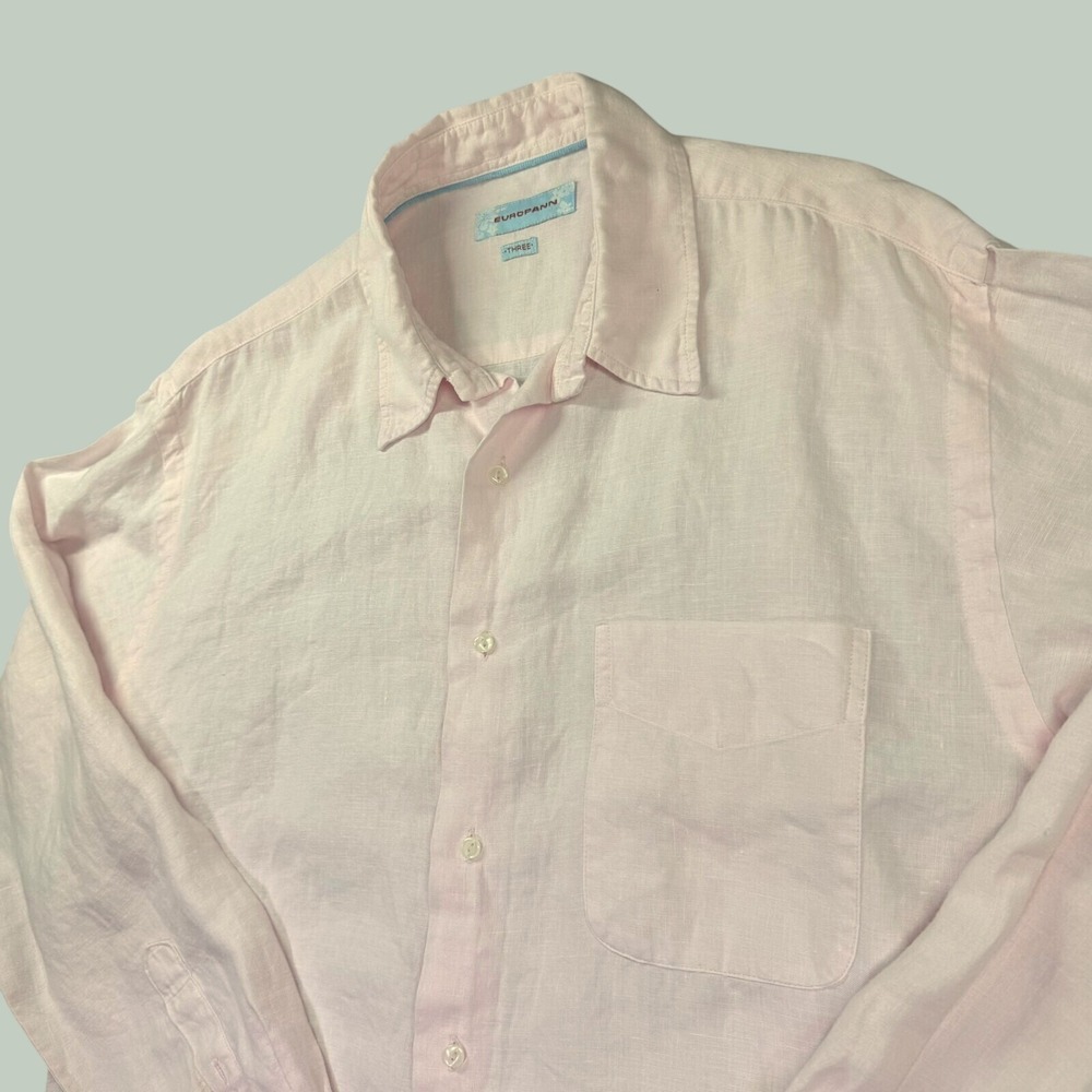 Europann 100% Linen Shirt Mens L Light Pink Long Sleeve Button Down Tropical